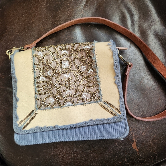 Miss Albright Anthropologie bag denim blue brown leather beading shoulder strap - Picture 7 of 9